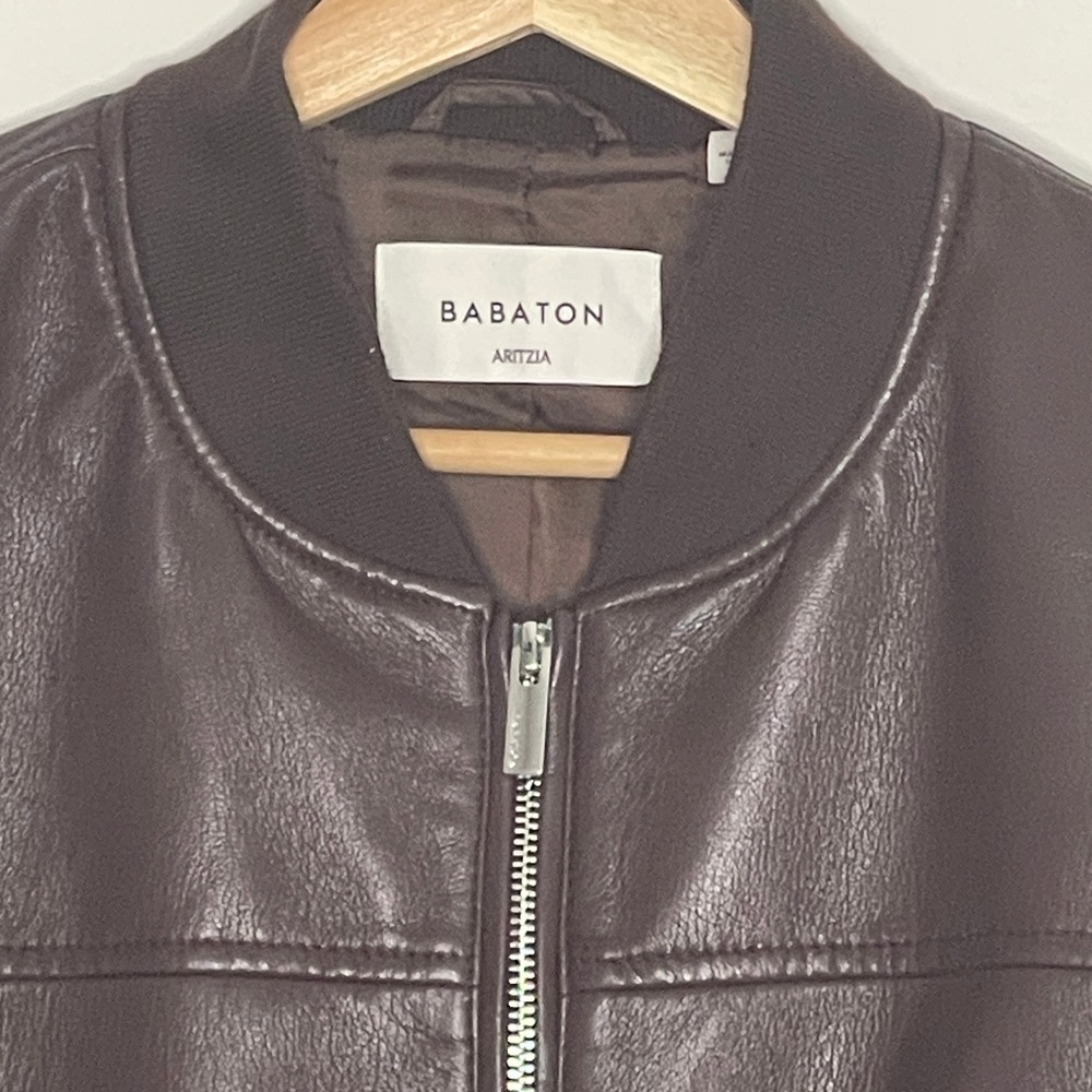Babaton Chocolate Brown Leather Bomber Jacket - Picture 3 of 13